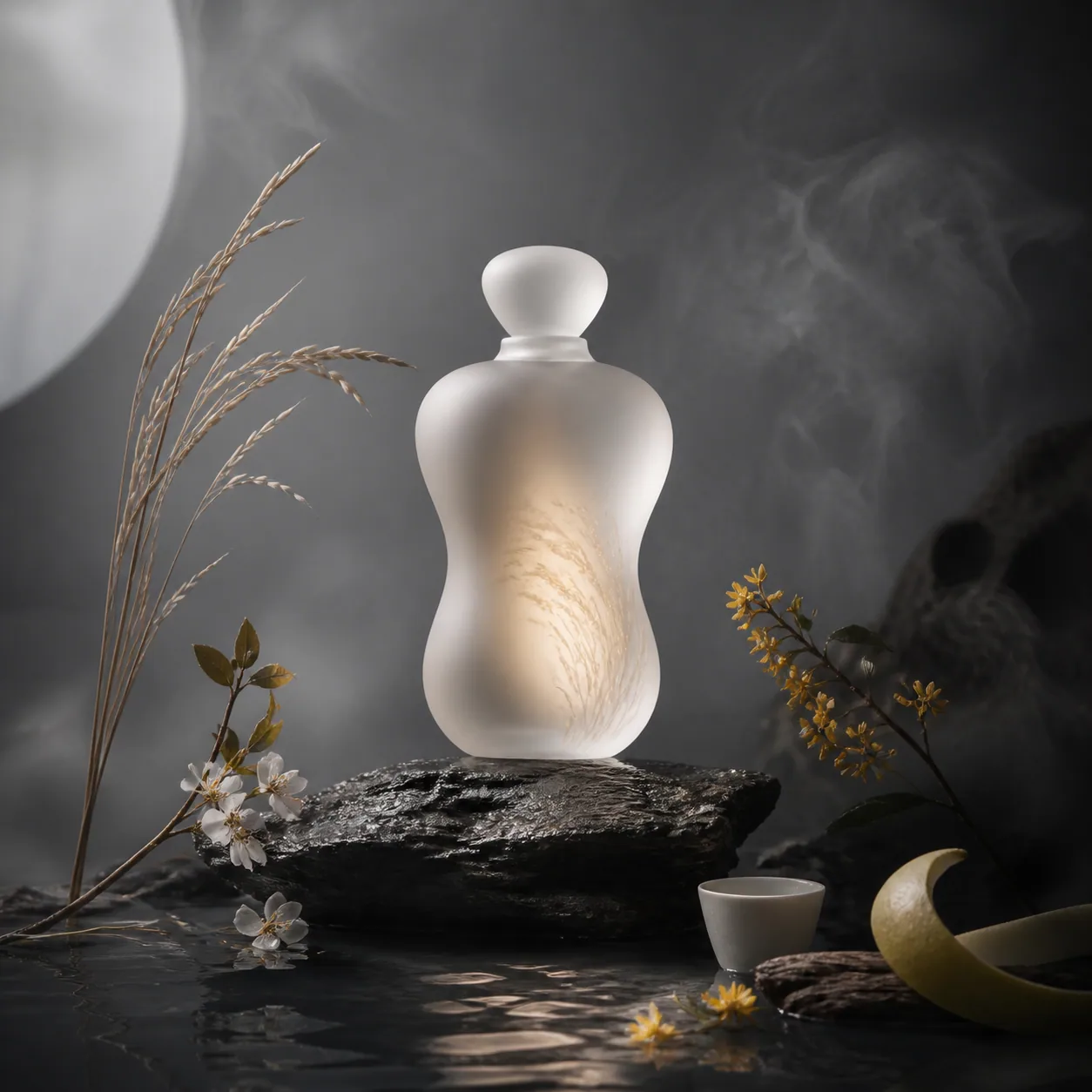 Grain Ritual concept visual with grain, flowers and mist